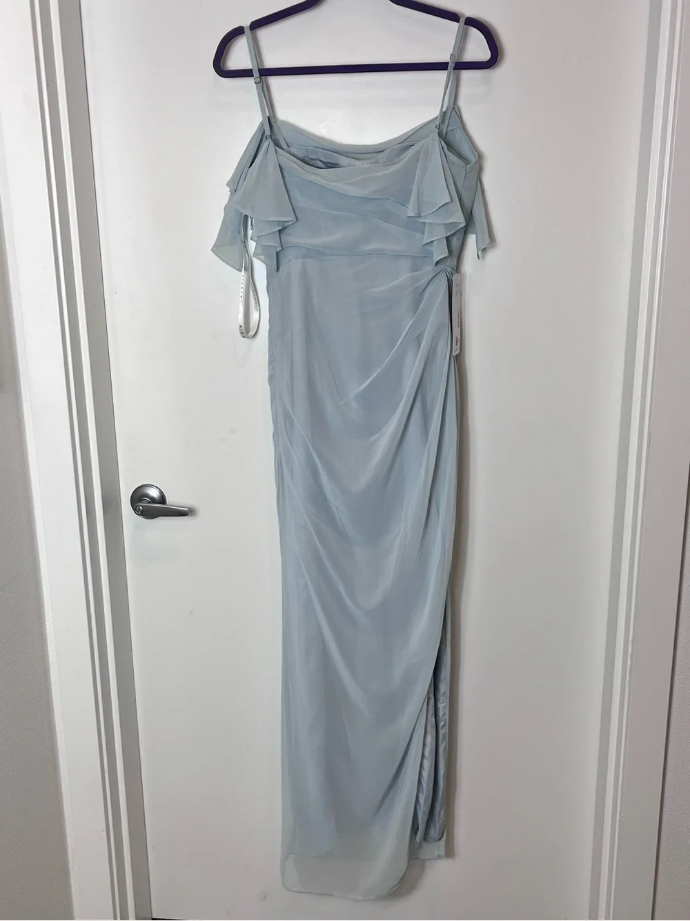 Azazie Jasmine Mist Sheath Side Slit Chiffon Blue Spaghetti Strap Maxi Dress NWT - Picture 9 of 9